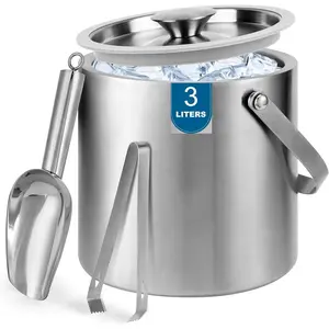Portable Ice Buckets for Parties,3 Liter Double Wall Ice Bucket with Lid,Scoop,Tongs,Handle,Stainless Steel Ice Container to Keep Ice Frozen Longer- Ideal
