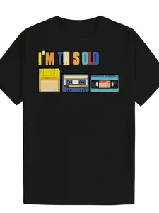 Men's Nostalgic Throwback Tech Media Statement T-Shirt - Black, Casual Short-Sleeve, Ribbed, Novelty, Breathable Fabric, Summer Leisure Printed Basic Menswear (Pair with Joggers)