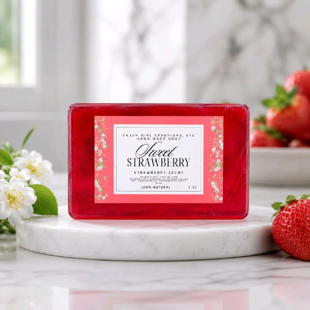 Natural Strawberry Scented Bar Soap - Handmade Gentle Vegan Sensitive Body Care, pH-Balanced Hydrating Cleanser with Fragrance Oil & Extra Virgin Olive Oil, Kitty Odor Control Single Item, Strawberry Shortcake, Face & Body, Olive Oil Soap Base