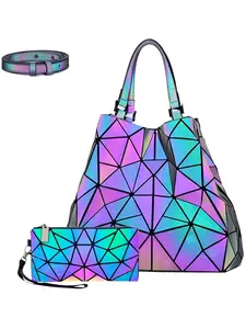 Fashionable Geometric Pattern Shiny  Holographic Handbag & Rectangle Zipper Wallet, Punk Style Shoulder Bag & Purse, Casual Trendy Versatile High-quality Daily Commuting Bag Set