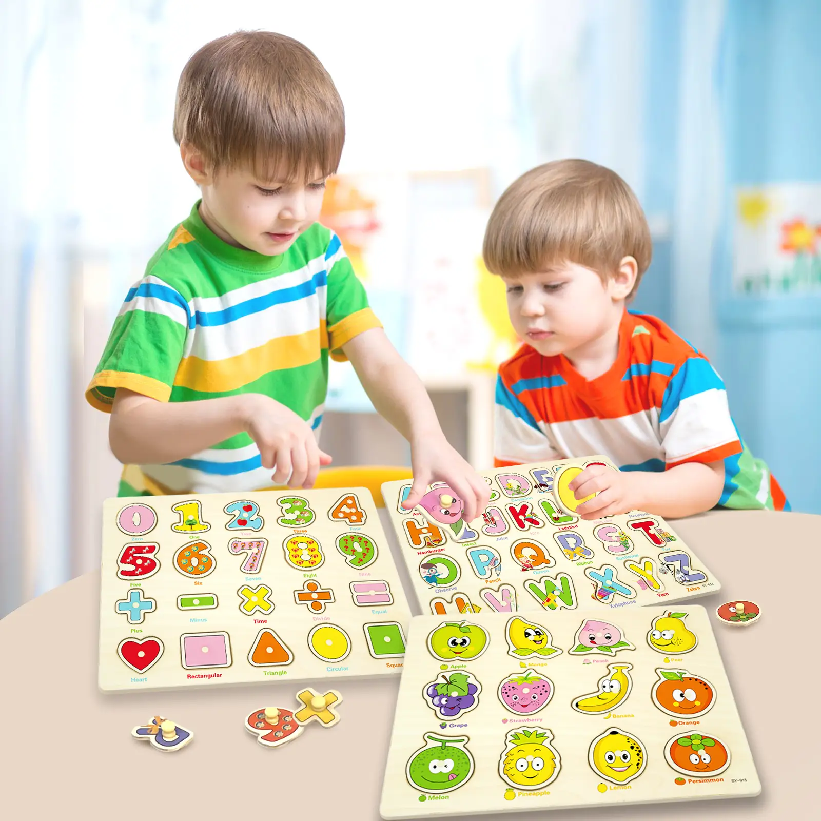 edutree Wooden Peg Puzzles for Toddlers 1 2 3 4, 6 Pack Educational Peg Puzzles Montessori Toys, Learning Puzzles for Kids Girs Boys with Alphabet Num