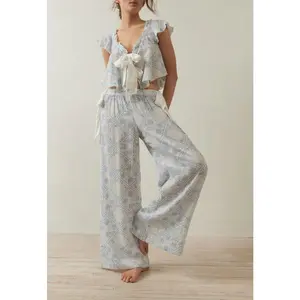Women 2 Piece Pajamas Set Floral Print Tie Front Fly Sleeves Shirt and Elastic Pants for Loungewear Soft Sleepwear