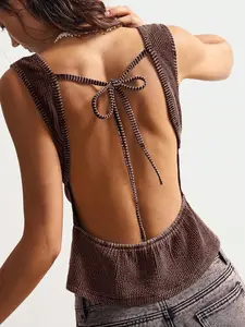 Summer Vacation Outfit Glamine Bohemela Women's Casual Solid Color Knit Backless Fitted Camisole Stylish Tie Back Top for Beach Wear