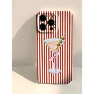 1pc Minimalist Blue & White Striped Martini Glass Pattern Glossy Perforated Faux Leather Full Coverage Hard Suitable For IPhone17/IPhone17 Air/IPhone17 Pro/IPhone17 Pro Max/16 Pro Max/15 Pro Max/14 Pro Max/13 Pro Max/12 Pro Max