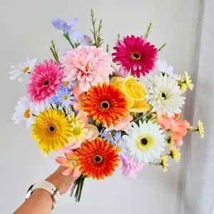 no   vase    15 Pcs Fake Silk Gerbera Daisy Artificial Flowers, Multi Color Faux Daisies with Stems, DIY Art Crafts, Home Wedding Party Decorations