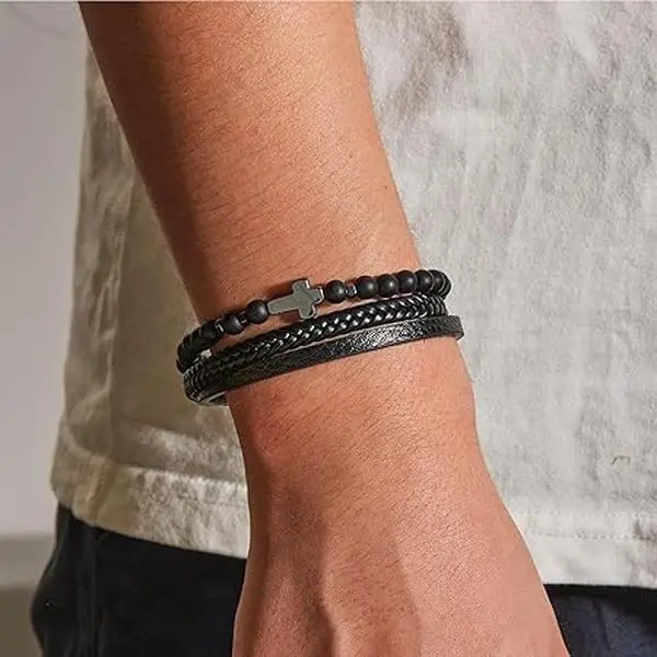 Black Onyx Cross Leather Bracelet 8 Inch, Multi-Layer Magnetic Mens Religious Christian Jewelry Gift for Him