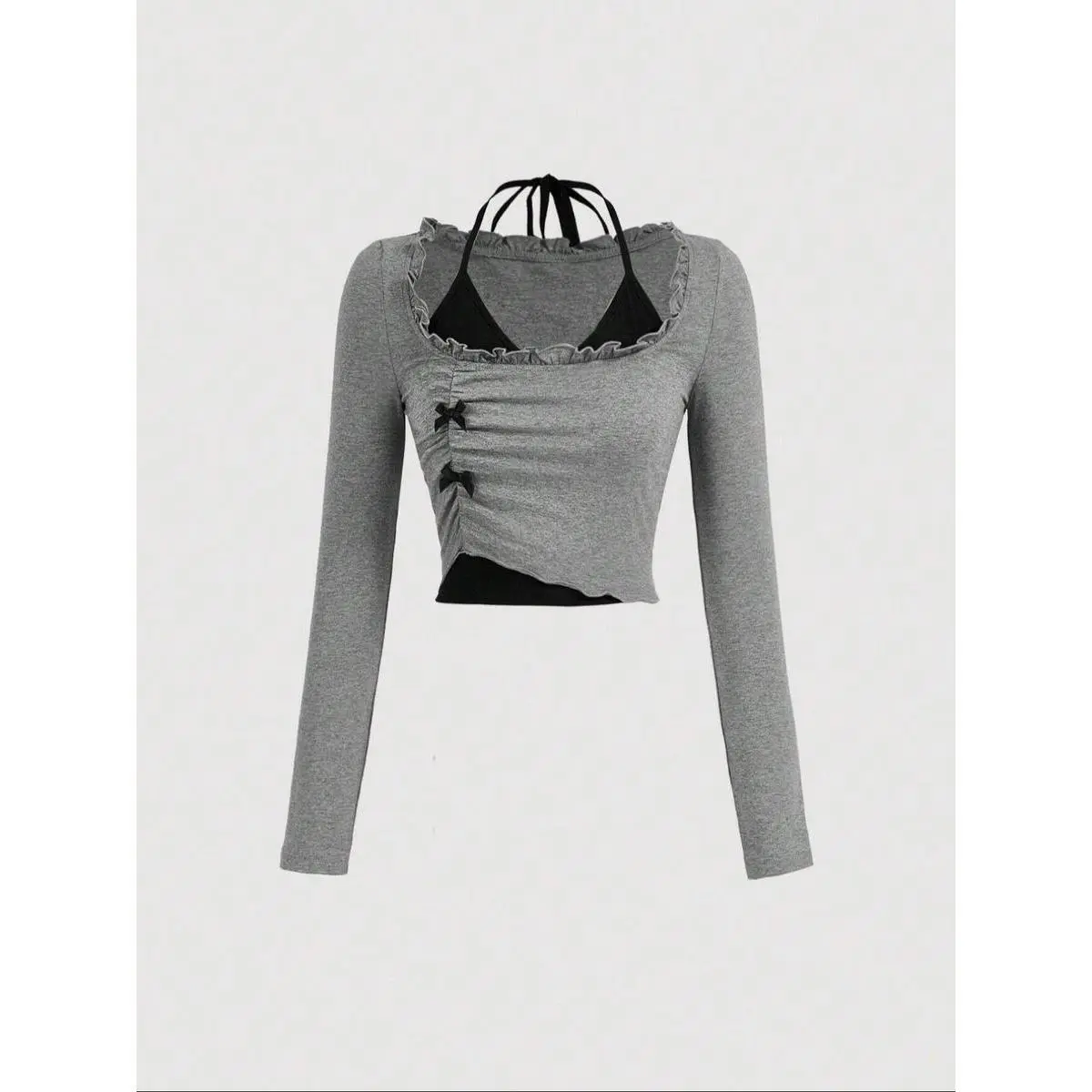 NewWomen's 2 in 1 Bow Decor Frill Halter Tee, Y2K Trendy Casual Tie Back Long Sleeve T-shirt for Fall & Winter, Women's Clothes for Daily Wear, Lady Top