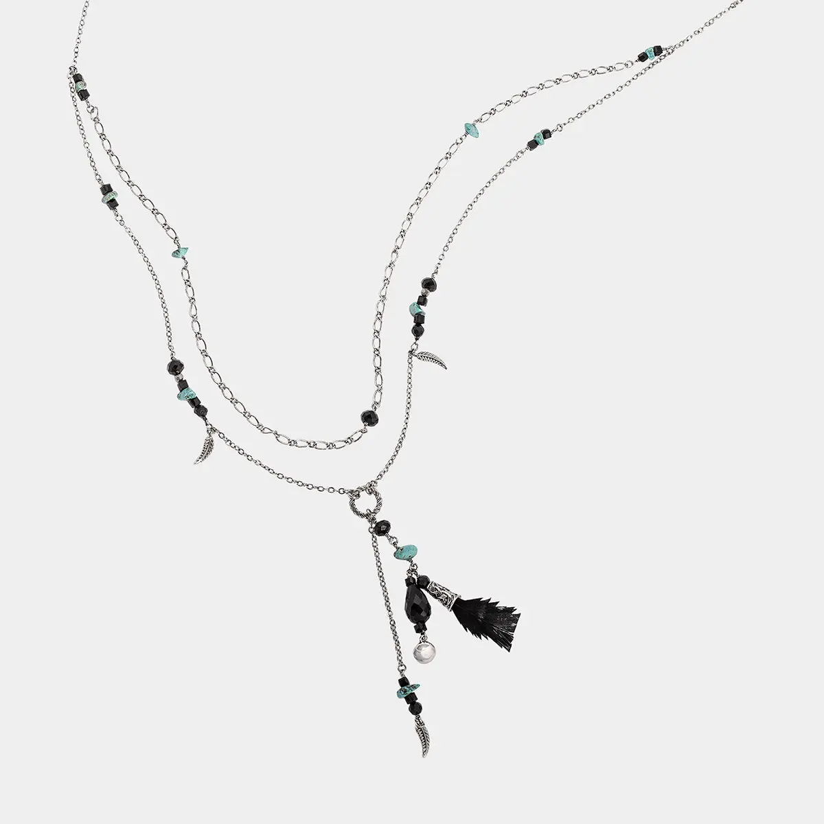 The Tara Feather Necklace | Women’s Layered Silver Chain Necklace with Turquoise Beads & Feather Charms