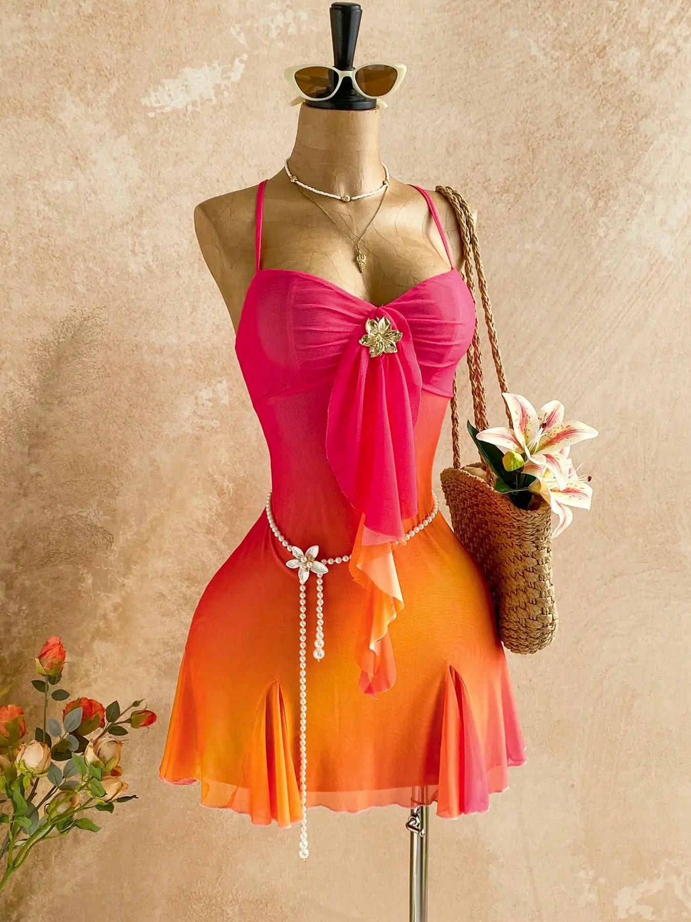 Women's Strapless, Sleeveless Bandeau Gradient Mesh Short A-line Dress, Sleeveless Summer Dress, Decorated with Golden Flowers & Draped Ribbons, Retro Y2K, Tropical Vacation, Casual Boho Style Dresses, Perfect for Beach Vacation, Music Festival