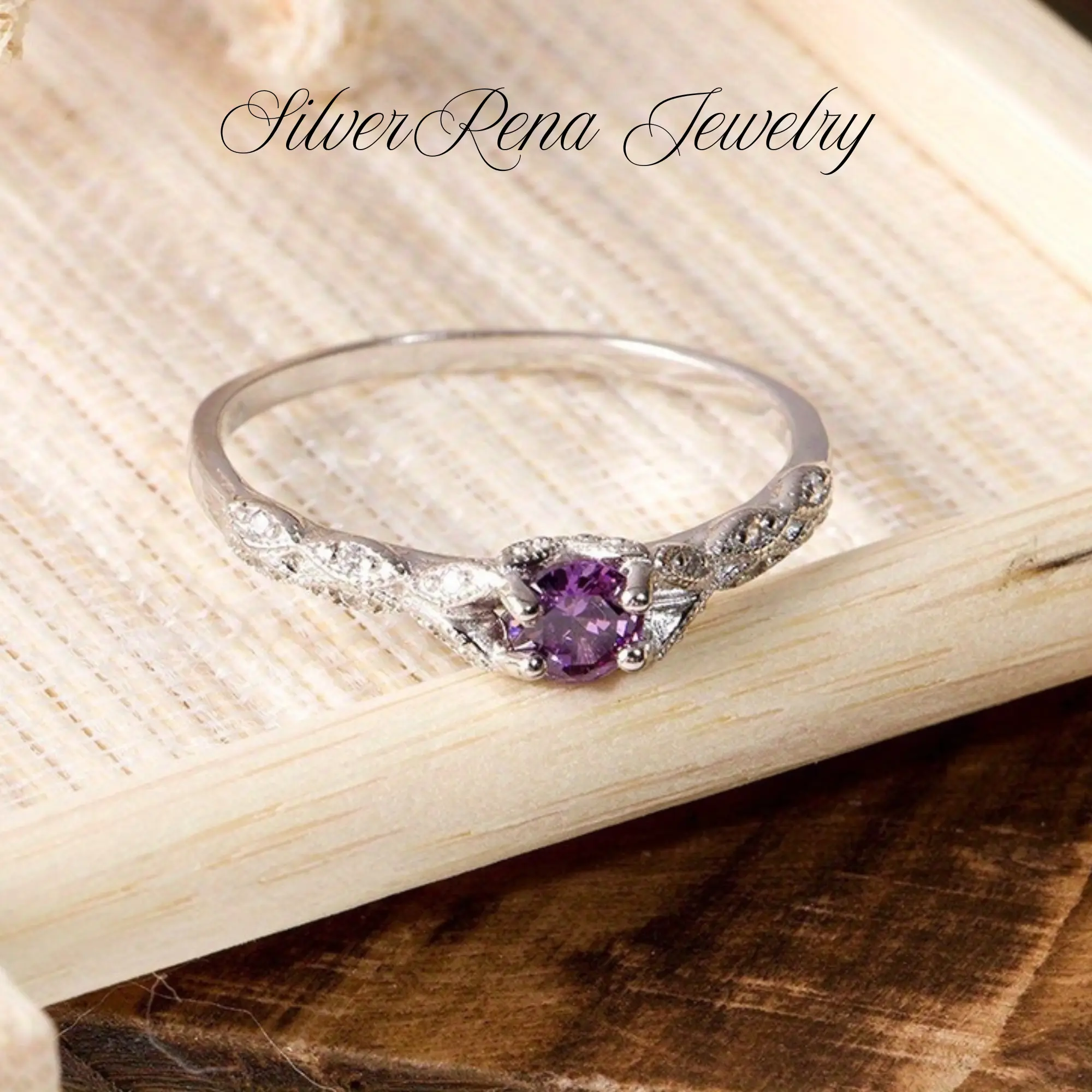 S925 Sterling Silver Ring with Celtic Knot Design, Synthetic Purple Amethyst & Moissanite, Elegant Engagement Look Statement Band for Women, Band Ring