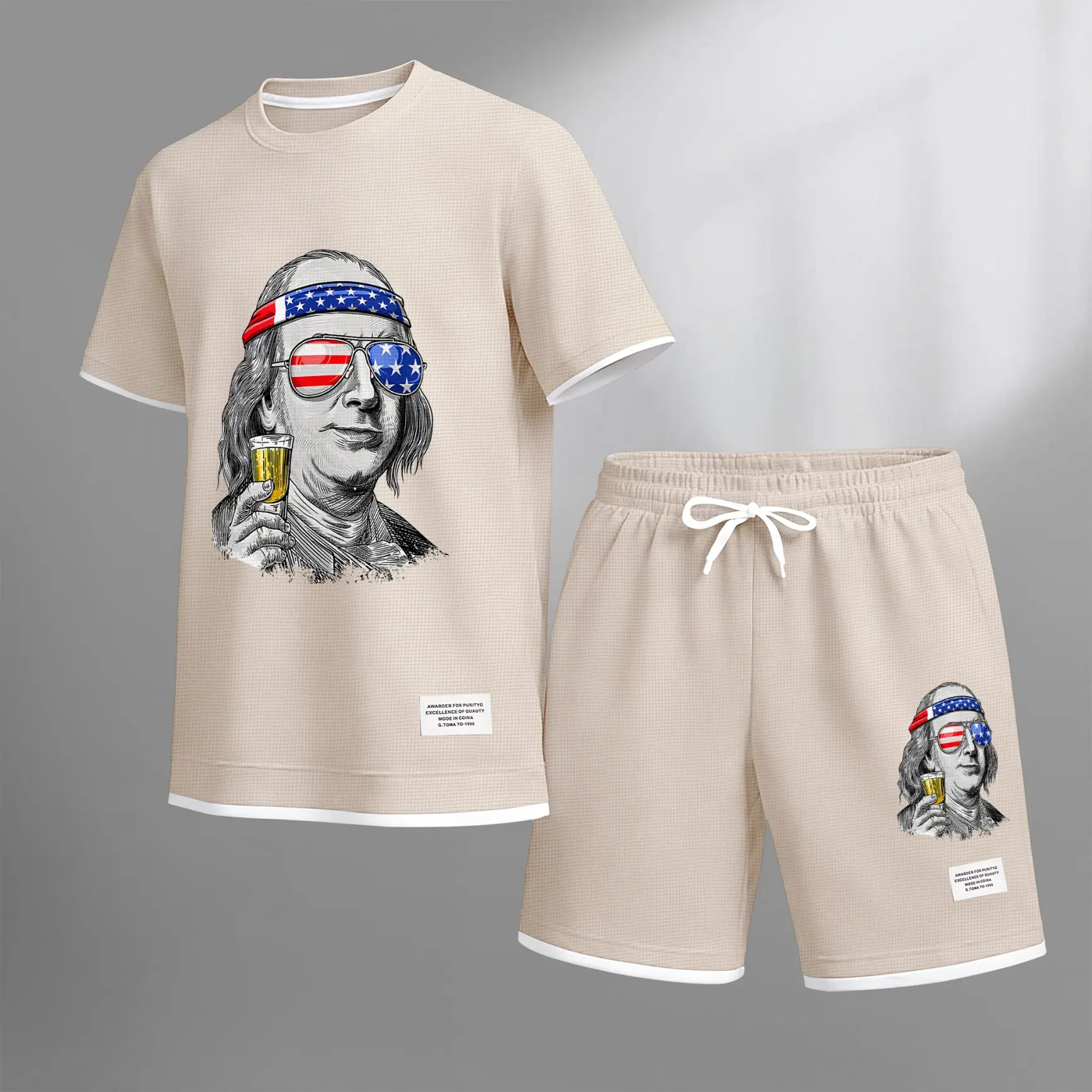 Men's Funny Patriotic Graphic T-Shirt and Shorts Set, Vintage Style Character Print Summer Two Piece Outfit, Lightweight Breathable Casual Streetwear, Comfortable Relaxed Fit Daily Wear