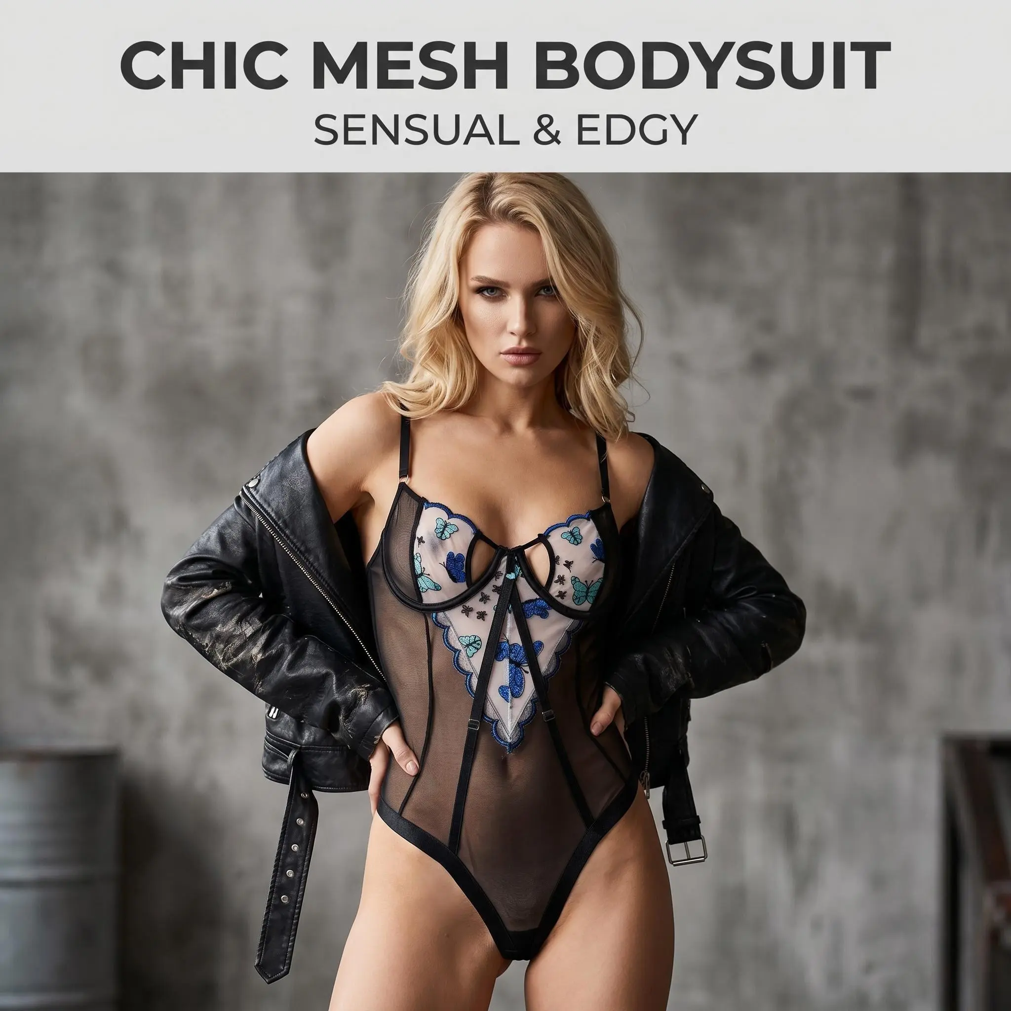 Women’s Black Mesh Bodysuit, Butterfly Embroidered Lingerie Teddy with Underwire Cups, Sheer One Piece Bodysuit Top