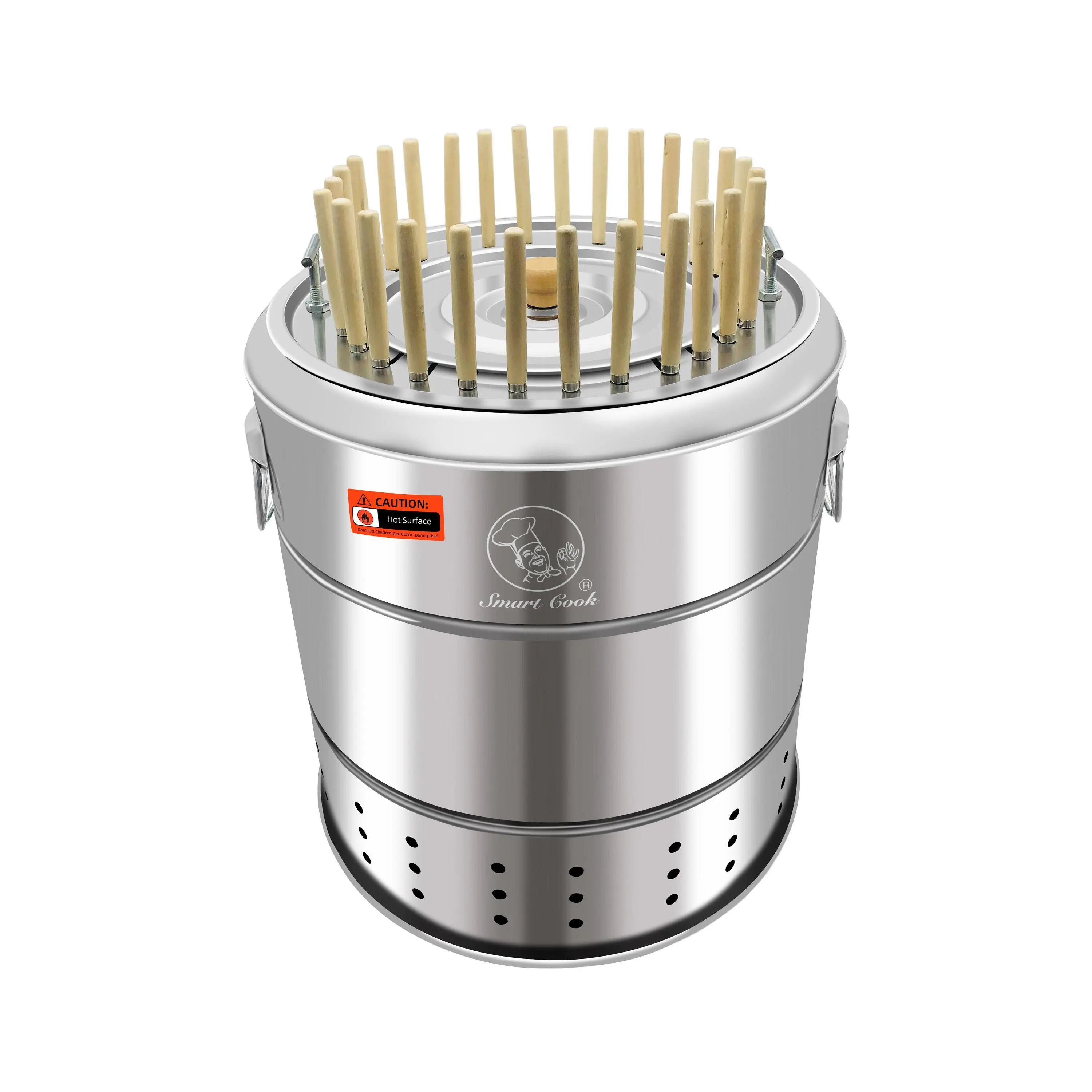 Smartcook Adjustable Outdoor Charcoal Barrel BBQ Grill with Kabob Skewers, Rolling Grilling Basket, Portable Detachable Stainless Steel Rotating Camping Rack for Vegetables, Meat