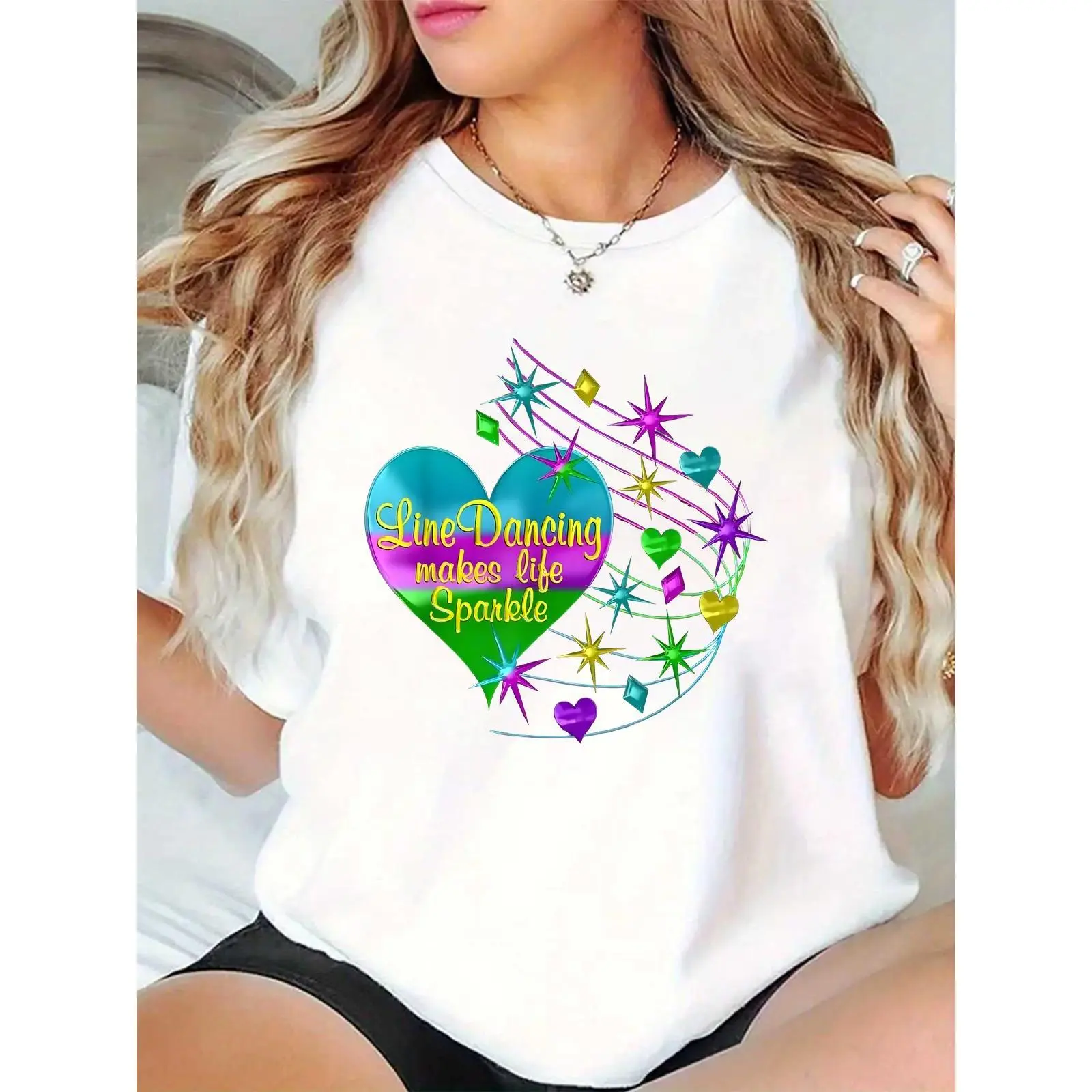 Women's Short Sleeve 100% Cotton Crew Neck Loose Graphic Tees with Bold Colored Prints, Rainbow Hearts & Sparkle Graphics, Breathable Fabric for Line Dancers, Casual Dance/Everyday Wear