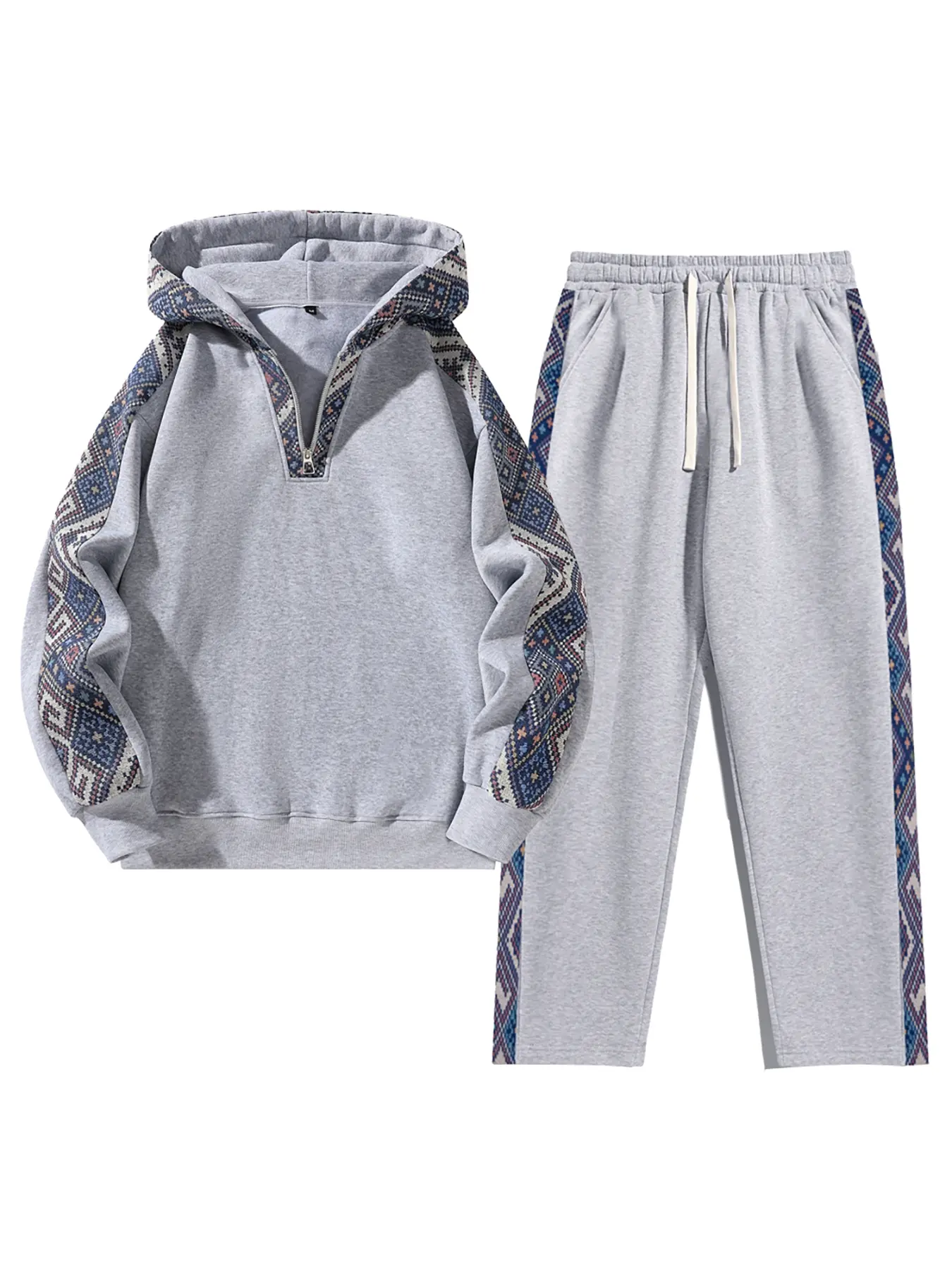 Men's Two-Piece Sport Set, Ethnic Pattern Hoodie & Straight Leg Pants, Casual Style, Soft Fabric, Fall & Winter Wear, Streetwear Athletic Tracksuit Set, Sweat Suit, Athleisure Workout Set, Athleisure Sportswear Set, Athleisure Tracksuit Sets