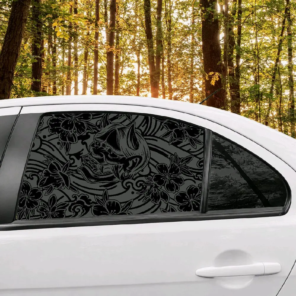 JDM Japanese Oni Mask Sakura Full Window Decal | Universal 25" x 15" Trim-to-Fit Vinyl | Matte Black | 2 PCS