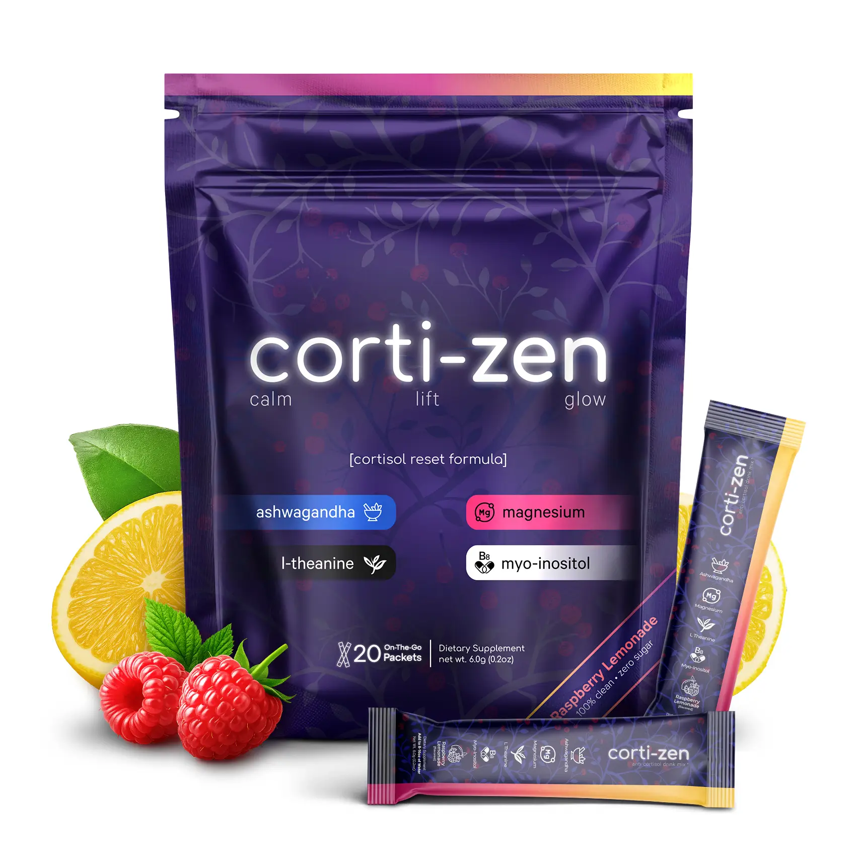 Dietary Corti-Zen Anti-Cortisol Drink Mix - Raspberry Lemonade, L Theanine, Ksm-66 Ashwagandha, Magnesium Glycinate, Myo-Inositol Healthcare Supplemen