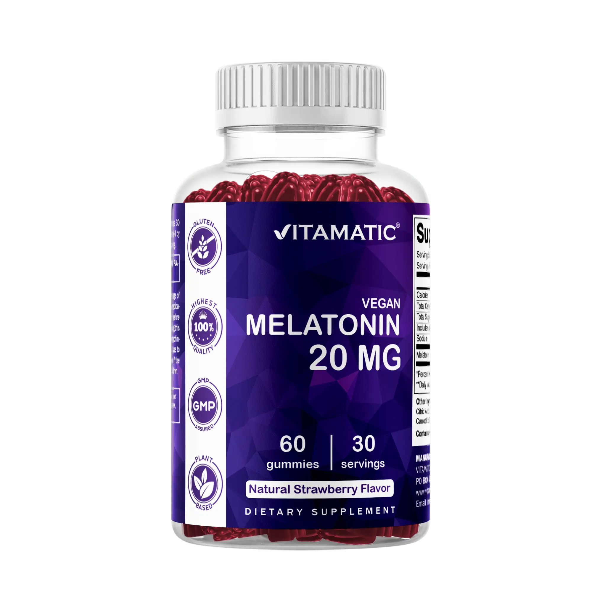 Vitamatic 20mg Melatonin Chewable Gummy Vitamins - 60 Pieces, 30 Servings, Vegetarian Sleep Support Vitamins & Minerals Supplements, Artificial Color, Gluten, Soy & Additive Free, Drug-Free Non-Habit Forming Dietary Support, Gummy Vitamins, Minerals & Wel