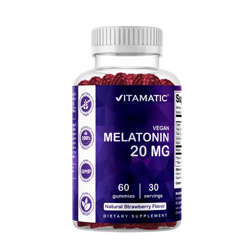 Vitamatic Melatonin 20mg Edible Gummy Sleep Aid Supplements for Adults - 60 Pieces, 30 Servings, Vegetarian, Free of Soy and Additives, Natural Drug-Free Non-Habit Forming Dietary Support