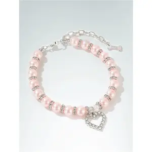 Pink Pearl Necklace With Heart-Shaped Diamond Chain, Suitable For Pet Daily Wear