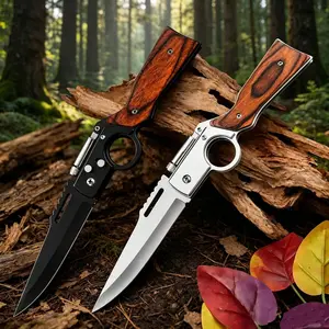 Father's Day Premium Gift AK Style Pocket Folding Knife, 5Cr13Mov Stainless Steel Blade Secure Lock EDC Tactical Knife, Wooden Handle Outdoor Survival Tool for Camping Hunting Fishing Emergency Daily Carry AK47