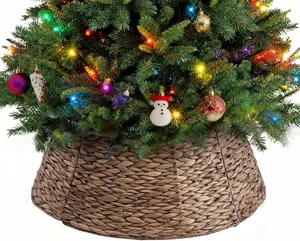 24in Christmas Tree Collar for 4–7ft Trees, Woven Water Hyacinth Rattan 4-Panel Base Cover with Cord Access, Easy Lock Design