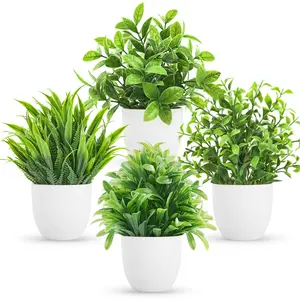 6.7-Inch/17 cm Artificial Eucalyptus Potted Plant, Set of 4 Fake Eucalyptus Plants in White Round Pots, Mini Green Decor for Home, Indoor Plants Decor, Summer Gifts, Artificial Greenery