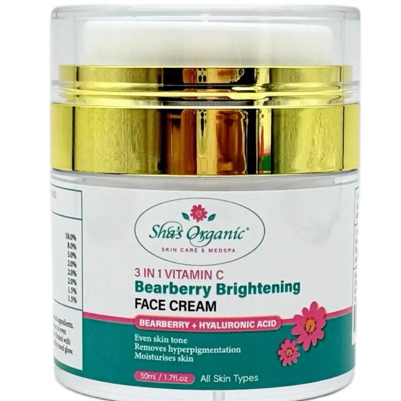 Sha's Organic Skincare Bearberry Brightening Face Cream - Anti-Age Moisturizer with Vitamin C, Hyaluronic Acid, Glycerin for Hydrating Dry Skin, 50g, Daily Facial Moisturizer, Anti Wrinkle Skin, Dry Skin Relief