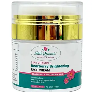 Sha's Organic Skincare Bearberry Brightening Face Cream with Vitamin C, Hyaluronic Acid, Shea Butter & Glycerin – Anti-Aging Moisturizer for Adults with Dry Skin to Moisturize and Hydrate, 50g