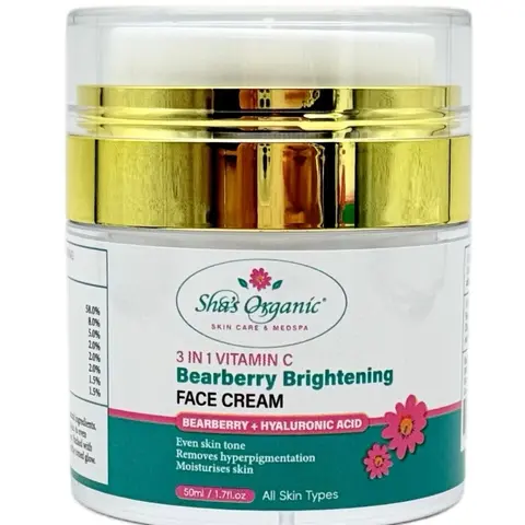 Sha's Organic Skincare Bearberry Brightening Anti-Aging Cream - Alcohol-Free Natural Daily Face Cream for Adults, with Vitamin C, Hyaluronic Acid, Glycerin, Minerals, to Hydrate, Moisturize & Relieve Dry Skin, 50g
