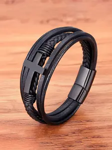 Luxury Cross Design Classic Stainless Steel Men's Cowhide Leather Braided Bracelet 19/21/23cm, Fashionable Christmas Gift Option, Cross Charm Bangle