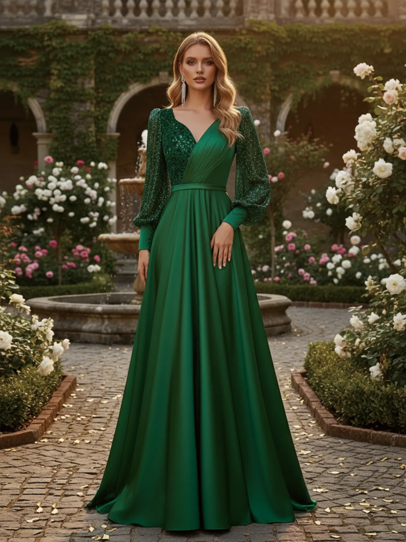 Elegant Sequined V-Neck Long Sleeves Maxi Dress Womenswear, Luxurious Aesthetic Style, Perfect for Evening Parties, Celebrations, Formal Events