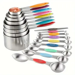 9/17-Piece Stainless Steel Measuring Cups and Spoons Set with 8 Stackable Cups 8 Dual-Sided Magnetic Spoons & 1 Flattening Tool for Dry Liquid Ingredients magnetic stainless essential baking tool me spoons cup