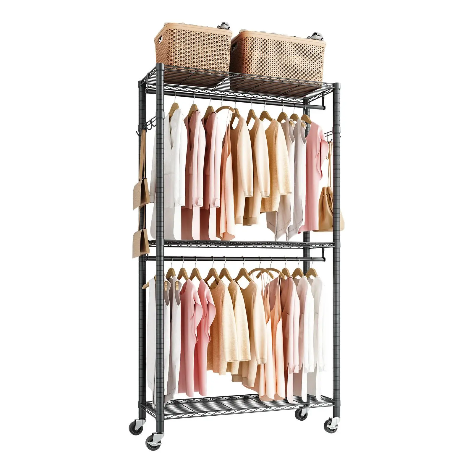 VEVOR Heavy Duty Adjustable Metal Rolling Hanging Clothing Rack - Carbon Steel Powder Coated Organizer with 3-Layer Adjustable Tiers, Rolling Casters, 204kg (450 lbs) Load Capacity for Bedroom Storage