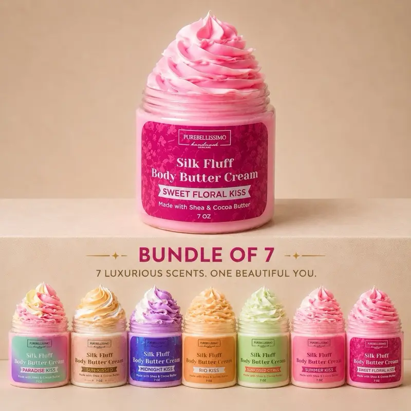 PureBellissimo 7-Piece Silk Fluff Body Butter Bundle - 7 oz Handmade Body Care Moisturizers, Hydrating Soothing Treatment for Dry Skin