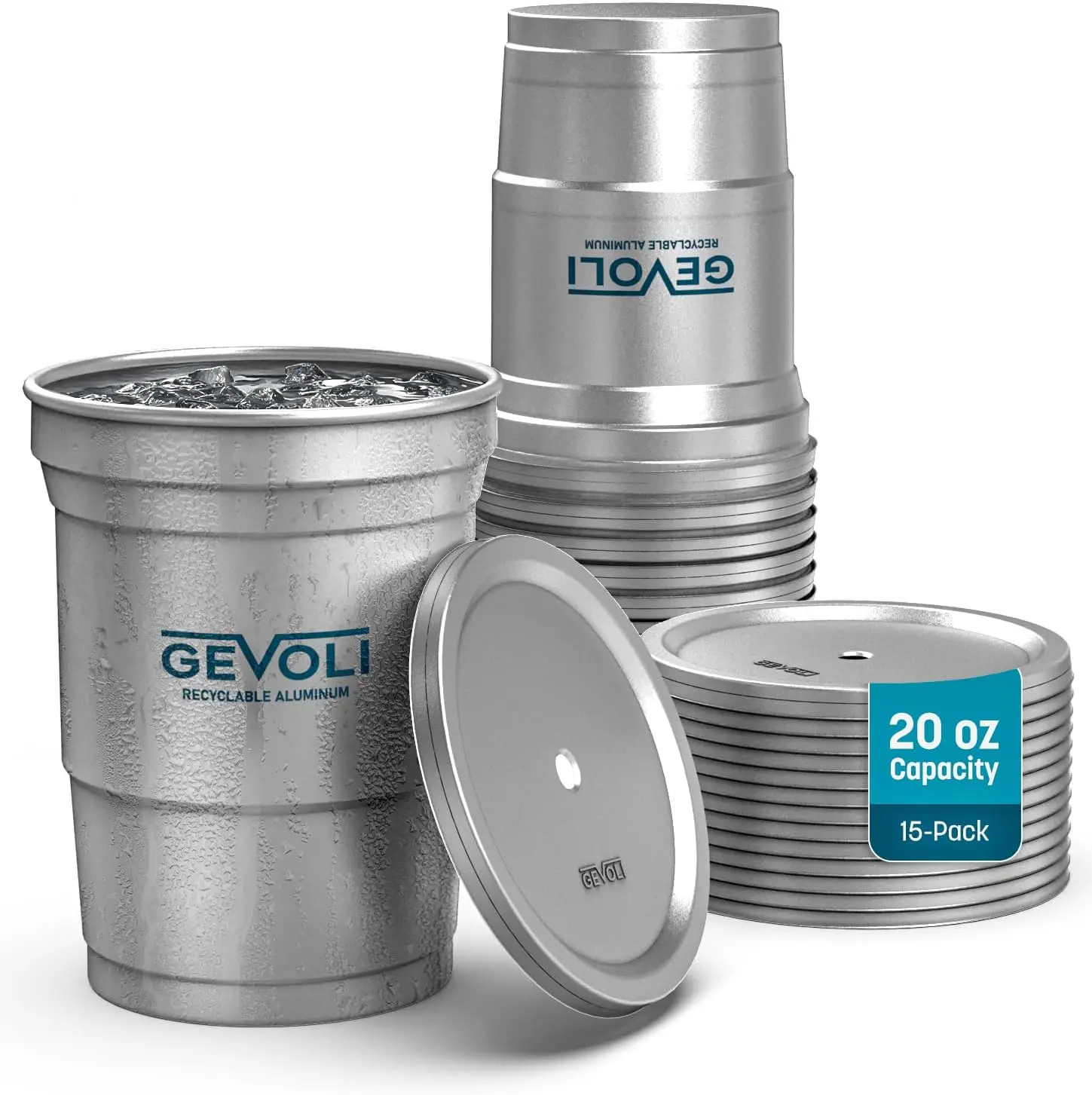 Gevoli 20 Oz Recyclable Aluminum Cups with Lids (15 Pack) | Sturdy Metal Cups • Leak-Proof Covers with Straw Hole