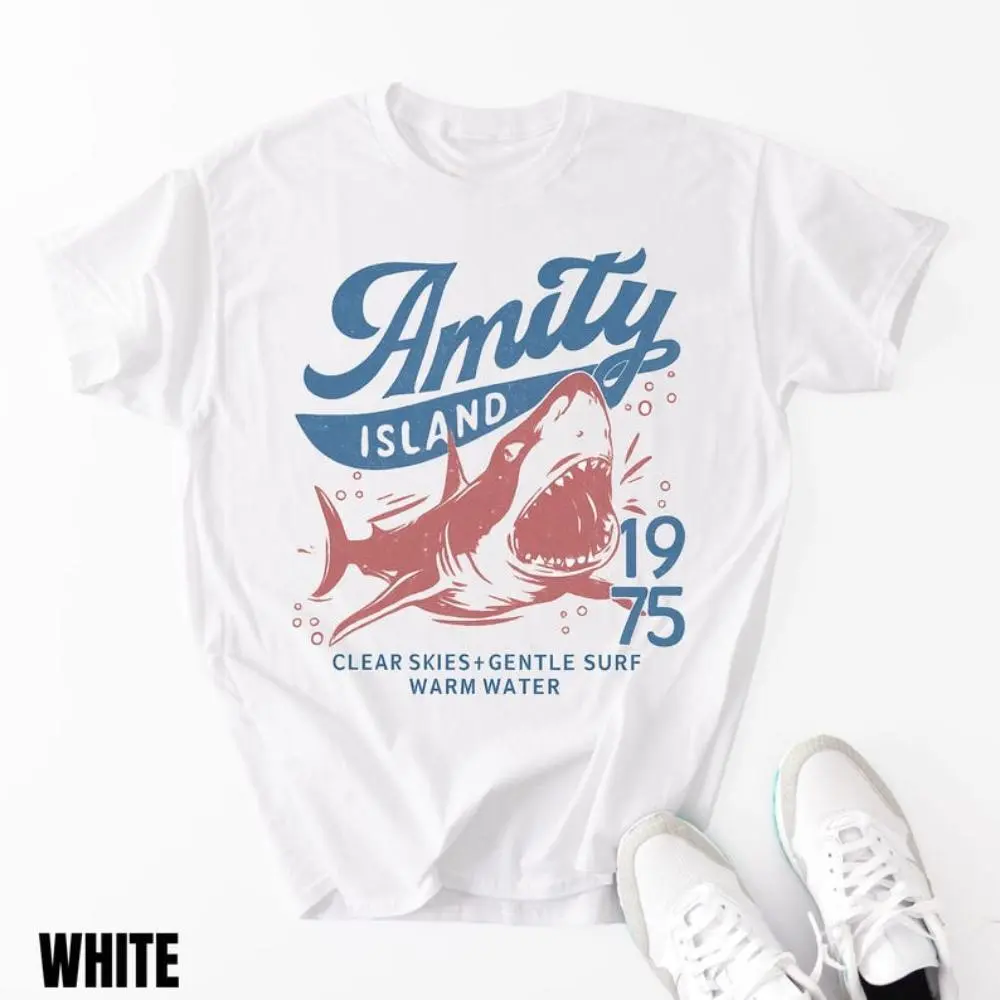 Men's Plus-Size 100% Cotton Short-Sleeve Round Neck Casual T-Shirt - Shark Week Amity Island 1975 Movie-Inspired Unisex Tops, Retro Graphic Tee Gift for Film Buffs Streetwear Menswear Shortsleeve Tshirt