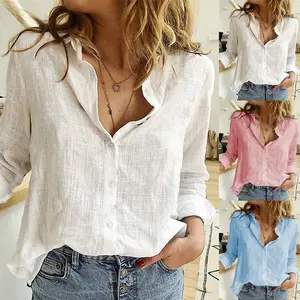 2025 Spring and Autumn European and American Solid Color Casual Loose Long Sleeve Linen Shirt In Stock with Sleeves for Women Top Womenswear