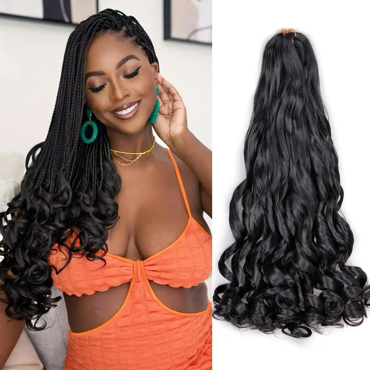 Synthetic French Curl Braiding Hair for Black Women 22 Inch 8 Packs Curly Braiding Hair for Box Braids 75g/Pack Tangle Free Bouncy French Curls Braiding Hair Extensions 22Inch 8 Packs 1B