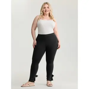 BLOOMCHIC Women's Stretchy Split Tie Hem Leggings - Plus Size Pull-On Slim-Fit Lady Clothes, Spandex Fabric Bottom Garment [M-6X] 2026 Summer Vibes Black Womenswear Swimweek