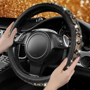 CAR PASS Bling Diamond Steering Wheel Cover Leopard Pattern, Sparkly Crystal Glitter Rhinestones Black Leather Wheel Protect for Women Girl Fit Suvs,Vans,Sedans,Cars,Trucks, 14" 1/2-15" Gold Leopard