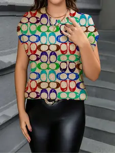 Geometric Pattern Colorblock Print Round Neck Sweater, Casual Short Sleeve Fitted Knitwear for Spring Summer Fall, Comfortable Warm Women's Clothing