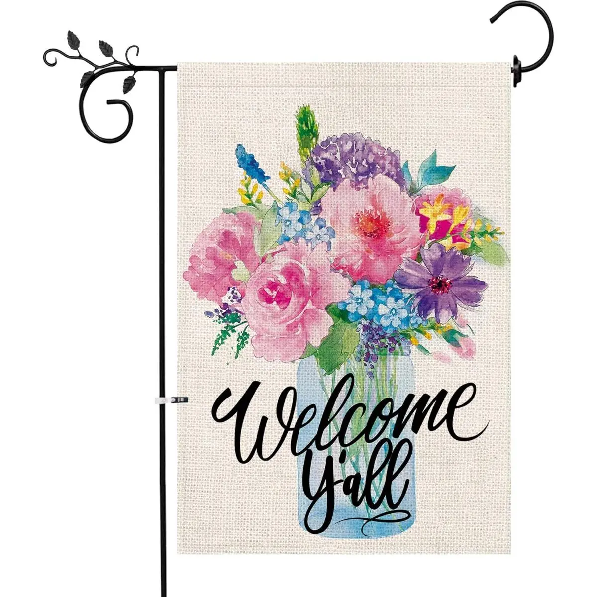 "Welcome Y'all" Watercolor Flower Garden Flag, 12x18 Inch Spring & Summer Yard Decor