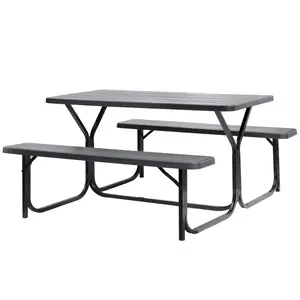 360 stand Outdoor Gray Woodgrain Picnic Table Set with Metal Frame, 5-ft Long, Benches, Weatherproof, 6 Seats, Six Seats