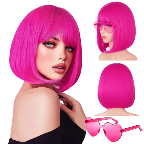 MAQUIUAGE Women's 10-Inch Soft Heat Resistant Vivid Hot Pink Straight Synthetic Fiber Wig with Flat Bangs, Female Cosplay & Party Accessory, Includes Heart Sunglasses & Wig Cap