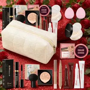 11 Pcs Makeup Set Cosmetics Kit in White Cosmetic Bag | Cushion CC Cream, Powder, Stamp Eyeliner, Contour Stick, Blush, Lip Gloss & Lip Oil | Complete Makeup Kit for Beginners, Travel, Valentine's/Birthday Gifts for Her