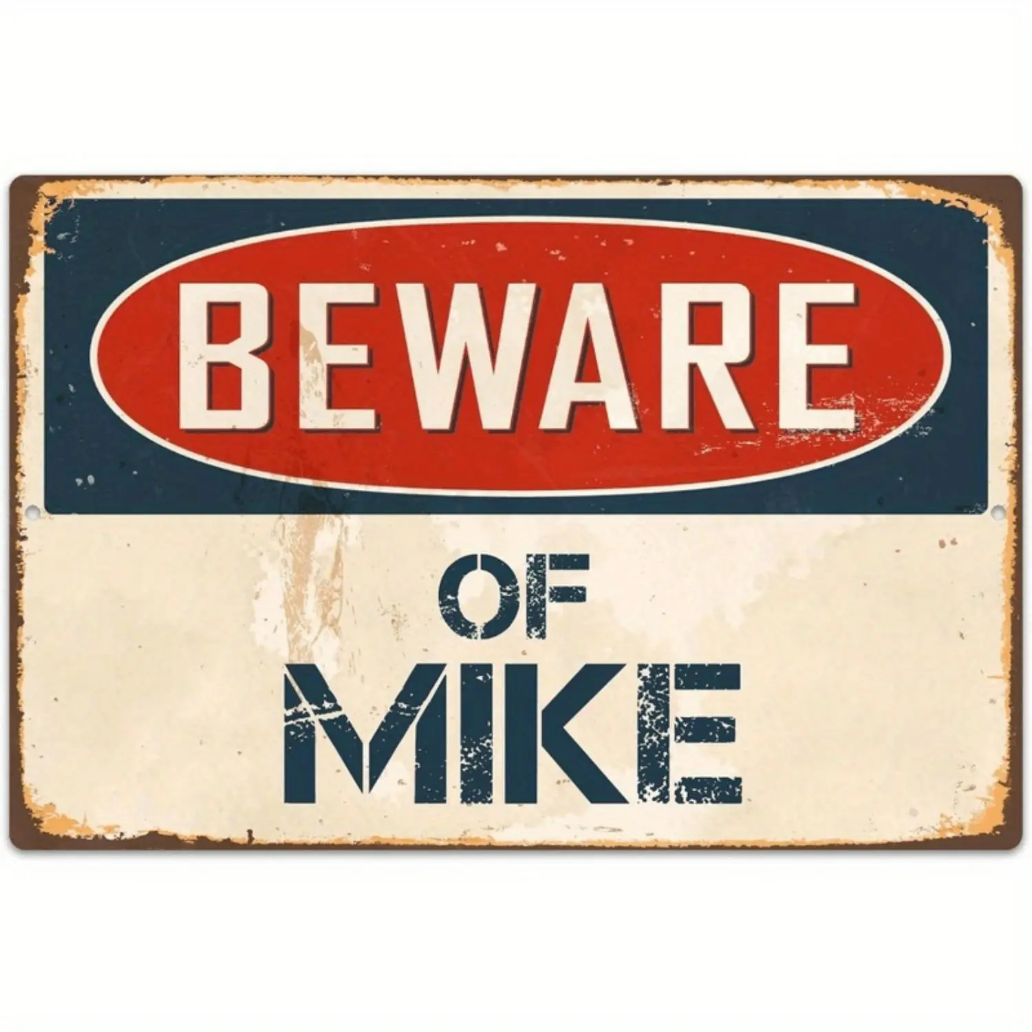Funny Personalized Name Sign "Beware Of Mike", Vintage Metal Wall Decor for Man Cave Bedroom, Retro Warning Plaque, Birthday Gift for Him / Dad (8x12 Inch)