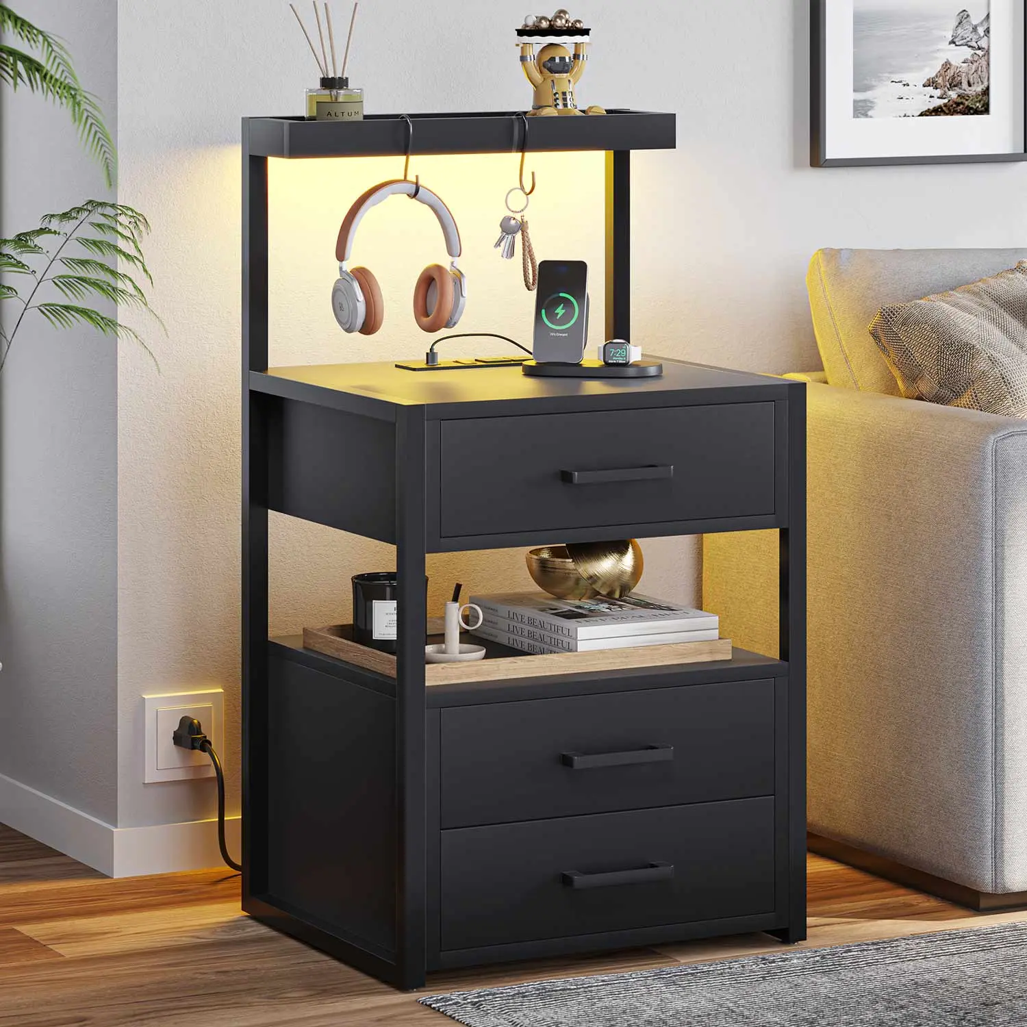 Modern Black Nightstand Table - LED Bedside Cabinet with 3 Drawers, Charging Station, Bedroom Storage (Black)