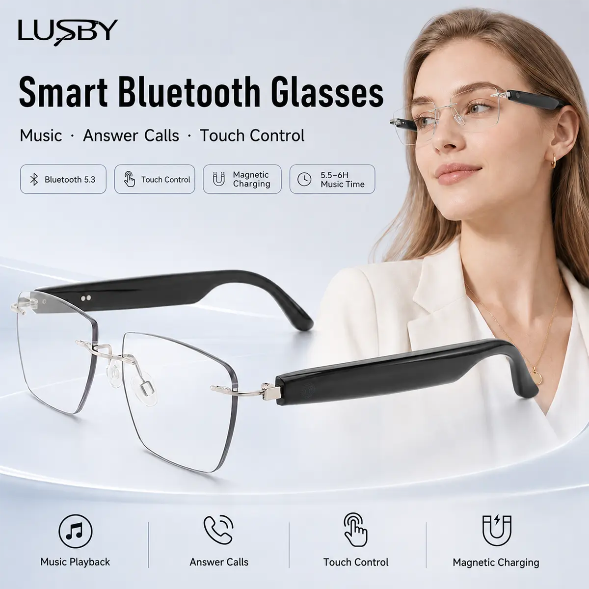 Smart Bluetooth 5.3 Glasses Clear Lens Wireless Audio Glasses, Touch Control Smart Eyewear for Music Playback, Answer Calls, Voice Assistant, Magnetic Charging, Office Work, Commuting, Daily Wear,back to school,back to school haul