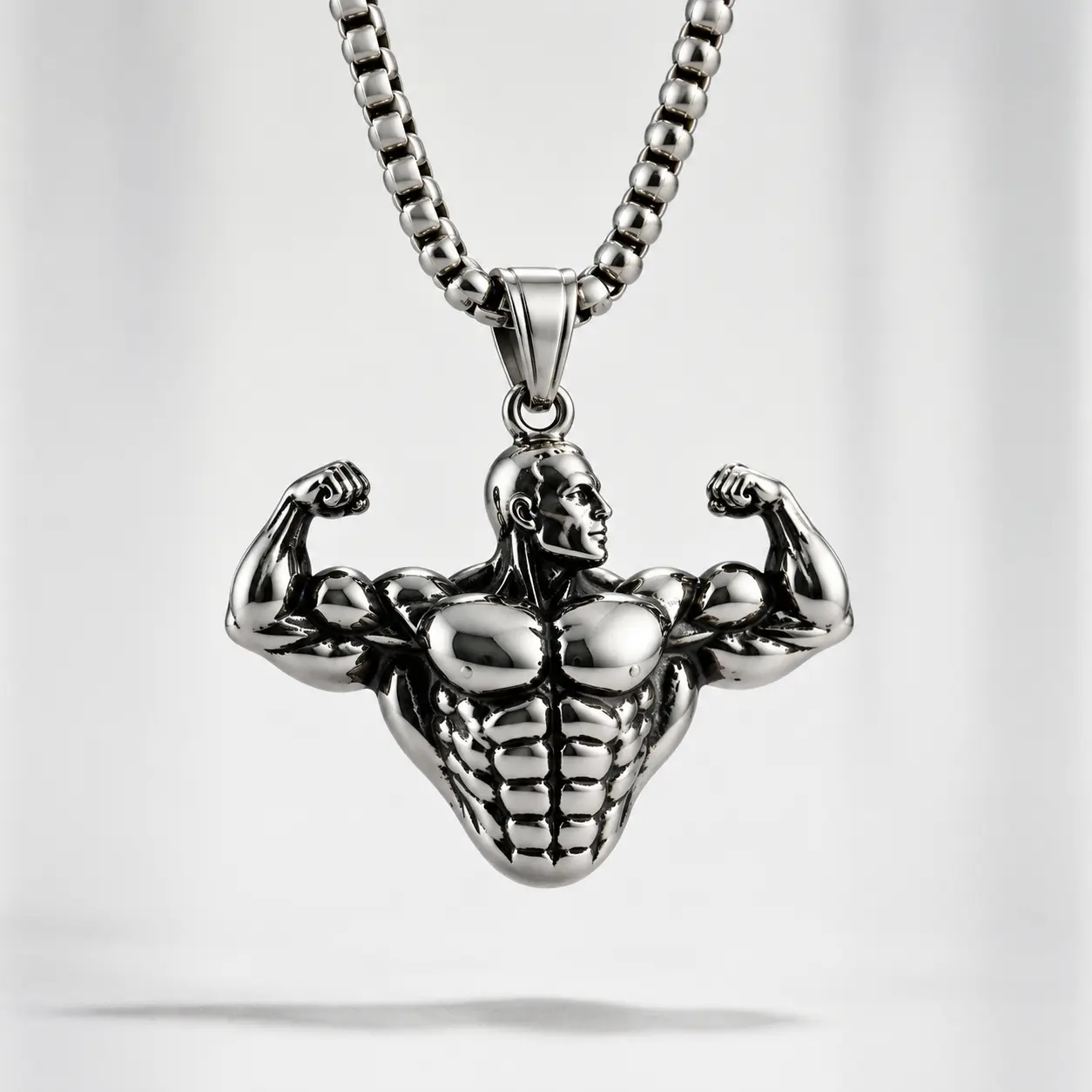 ALTVERSE Chrome Titan Pendant Necklace, 304 Stainless Steel Muscle Design Chain Necklace, Alternative Punk Rock Gothic Jewelry, Statement Streetwear Accessories for Men & Women